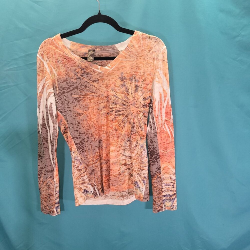 Prana Womens Long Sleeve V-Neck Top Medium Orange/White Abstract Print
